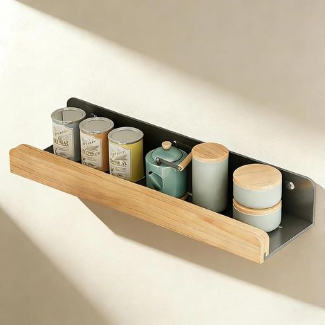 Etagere Murale Noir, Étagère Murale Cuisine avec Crochet Magnétique, Bathroom Shelf avec Garde-Corps de 3 cm, Vis et Tube D'expansion Inclus, pour La Salle de Bain, La Cuisine, Le Bureau