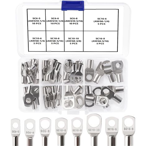 55 Pièces M5/M6/M8/M10 Cosses Tubulaires Kit, Cosses de Embouts de Câble de Batterie, pour Câble Électrique, Argent (1/5)