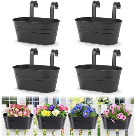 Pièces Pots de Fleurs Suspendus en Métal, 27.5CM Grands Pots de Plantes Seau à Fleurs Suspendu avec Crochet Amovible pour Balcon Clôture Jardin Maison Décor (Noir)