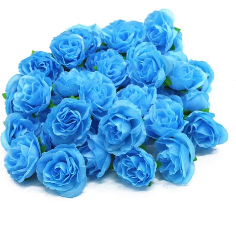 50 têtes de roses artificielles en soie réutilisables, bleues, décoratives pour mariages et fêtes.