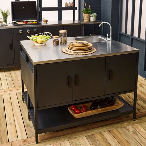 Cuisine extérieure 2 modules en acier inoxydable noir (1/5)