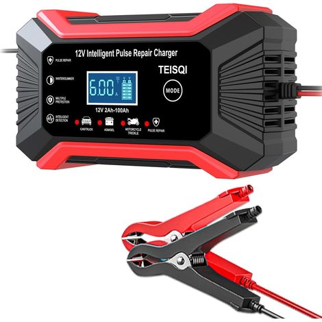 Chargeur de batterie de voiture, chargeur d'entretien intelligent 12 V 6 A, désulfateur et mainteneur de batterie automobile 12 V (rouge) (1/5)