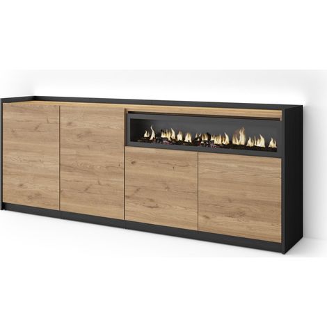 Skraut Home - Aparador para salón, Gran capacidad de almacenaje, 207x37x80cm, 4 Puertas, Chimenea eléctrica, LED, Estilo Moderno, Roble y negro (1/5)