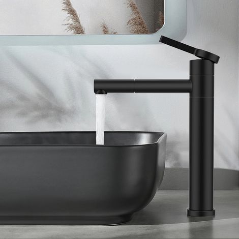 Mezclador de Lavabo Rotativo a 360 Grados, Grifo de Baño con Pico Alto, Acero Inoxidable Negro (1/5)