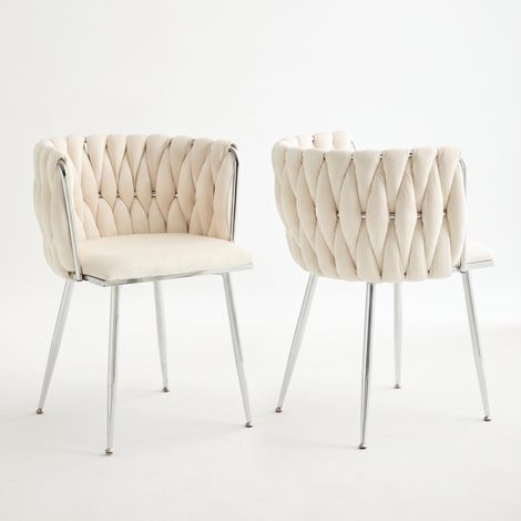 FurnitureR Lot de 2 chaises à manger ivoire, pieds métal, Assise ivoire, dossier tressé enveloppant et pieds métal argentés allient confort, stabilité et élégance (1/5)