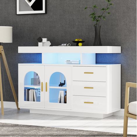 Credenza LED 120 x 40 x 80 cm con 3 cassetti, 2 ante e illuminazione 16 colori bianco HAVRYA (1/5)