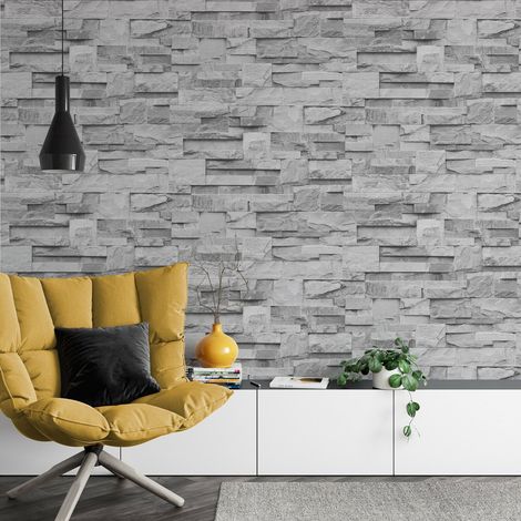 Slate Grey Realistic Stone Brick Wall Effect Textured Wallpaper Wall Faux (1/4)