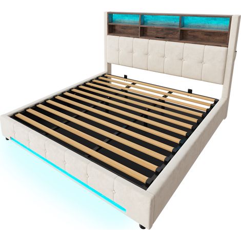 Cama abatible 180x200 cm de terciopelo beige con cabecero multifunción, USB-C y LED HOMVRA (1/5)