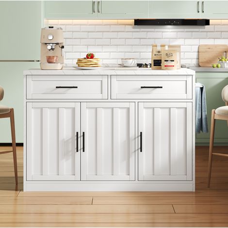 Isla de cocina 120x60x91 cm blanca en MDF con barra, enchufes y estantes ajustables