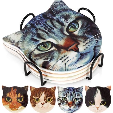 Cat Design Coasters with Holder, Dolomite & Cork, Set of 4 (1/5)
