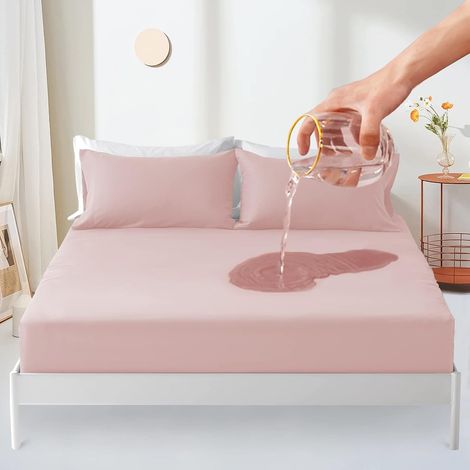 Waterproof Mattress Protector 90 x 200 cm, Breathable Mattress Cover, Noise Mattress Protector, Waterproof Fitted Sheet - Pink (1/5)