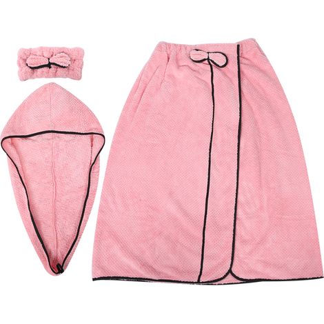 Set Serviette Bain Peignoir Cap Sechage Cheveux - 3 Pieces - Pour Bain Spa Salon De Beaute - Rose (1/5)