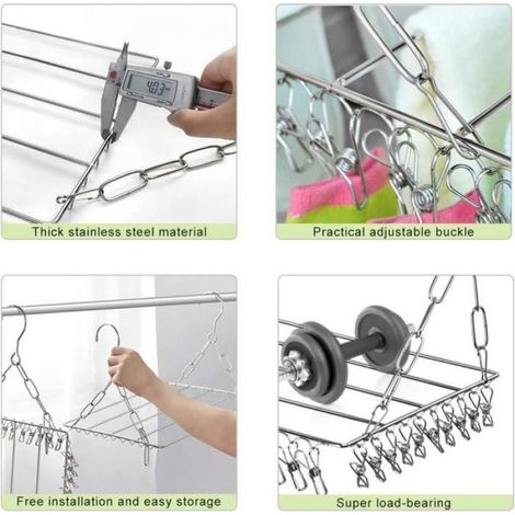 Etendoir Chaussette, Sèche-Chaussettes, Étendoir à Linge à Suspendre avec 36 Pinces en Acier Inoxydable à l'épreuve du Vent, Argent (1/4)