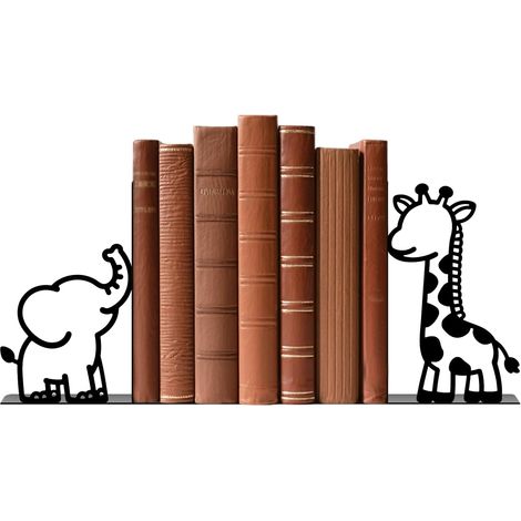 1 paire de serre-livres en métal noir, charmantes serre-livres en forme d'animal pour étagères, serre-livres antidérapants en forme d'éléphant et de girafe, originaux pour la bibliothèque (1/5)