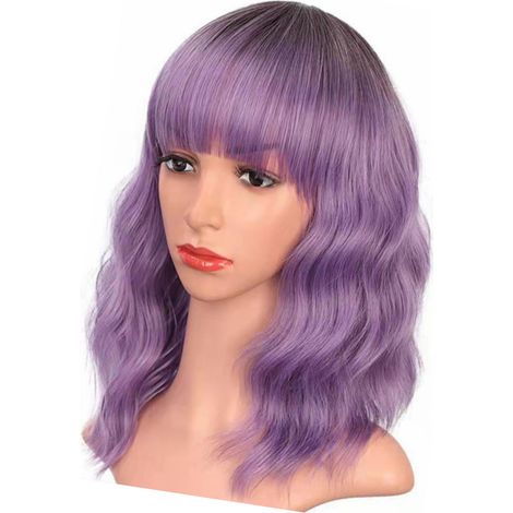 Perruque Bouclée Courte Synthétique Douce et Respirante, Cheveux Ondulés avec Frange pour Femme, Violette (1/5)