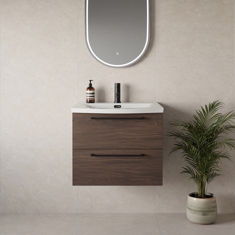 Napoli 390 Brown Oak 600mm Wall Mounted 2 Drawer Vanity Unit with Arc Basin - 600mm - Matt Black 320mm Handle