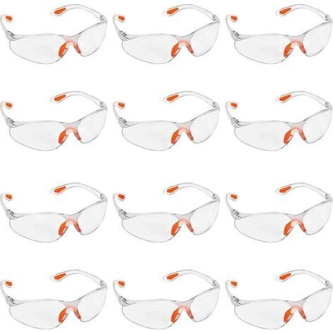 Lot de 12 lunettes de sécurité de protection transparentes avec verres en plastique, pont de nez et embouts de branches en caoutchouc pour un confort optimal - Lunettes de protection individuelle (EPI (1/5)