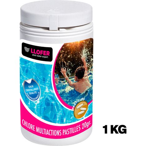 Llofer – Chlore multifonctions 1kg – Pastilles de 20gr – Désinfectant chloré pour piscine – Élimine virus et algues – Eau limpide et cristalline