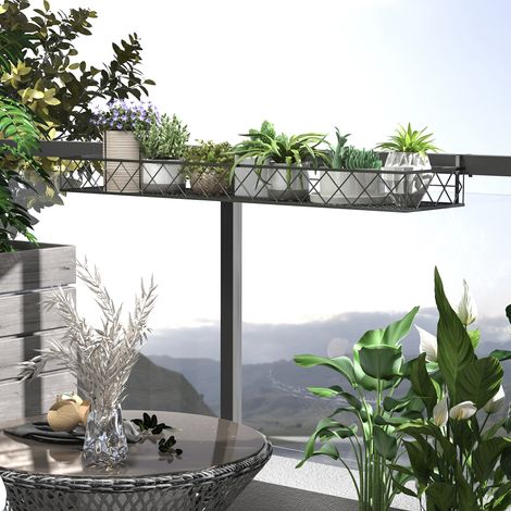 Porte-plante extérieure crochets rampe métallique balcon - Dimensions: 100x31x12 cm - Couleur: Noir (1/4)