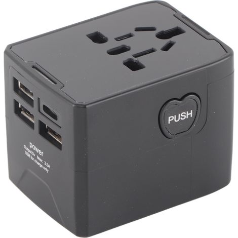 Universal-Reiseadapter mit internationalem Stecker, Stromwandler mit mehreren Steckdosen (110–250 V), 3 USB-Anschlüssen und USB-C-Anschluss, Schwarz (1/5)