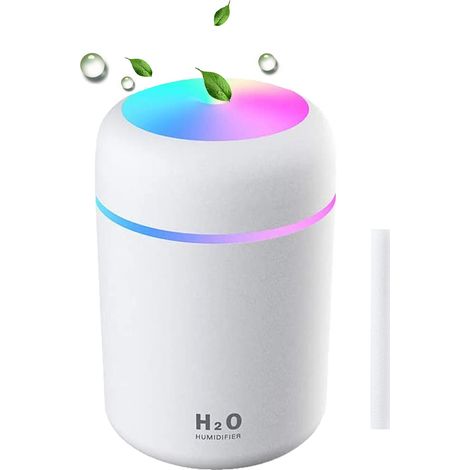 Humidificador con luz de 7 colores – apto para habitaciones, dormitorios, oficinas y coches (blanco), 300 ml (1/5)