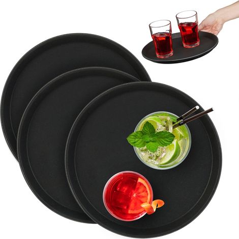 Relaxdays Serviertablett 3er Set, rund Ø 28 cm, Bartablett, rutschfeste Oberfläche, Kellnertablett Gastronomie, schwarz