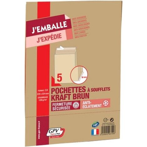 Enveloppes - Kraft - C4 - 229x324mm - Soufflets - Auto adhésive - Lot de 5 - GPV