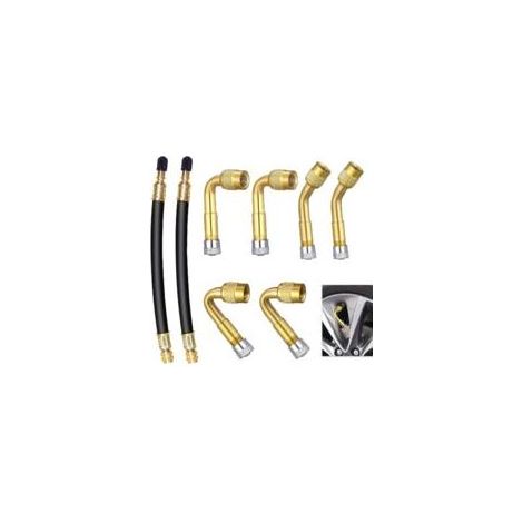 Set mit 8 Reifenventilverlängerungen (45°, 90° und 135° abgewinkelt) und 2 x 180 mm flexiblen Gummischläuchen, Ventiladaptern aus Messing und Gummi, für Auto, Motorrad, Fahrrad und LKW (1/5)