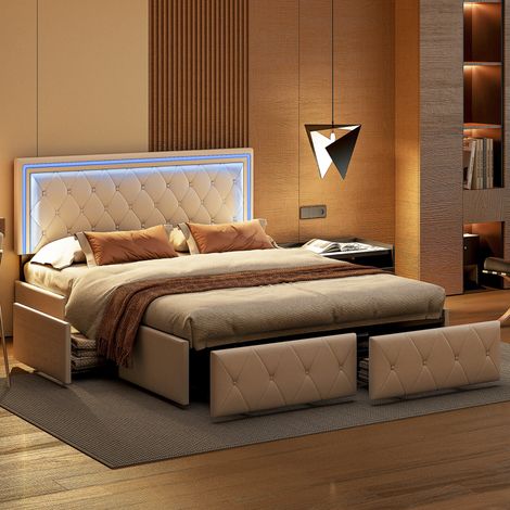 Bett 140 x 200 mit Lattenrost, Bett 140, Doppelbett, Doppelbett, Bettkasten 140x200 mit Lattenrost in Beige PU mit LED-Beleuchtung, 4 Schubladen und modernem Design (1/5)