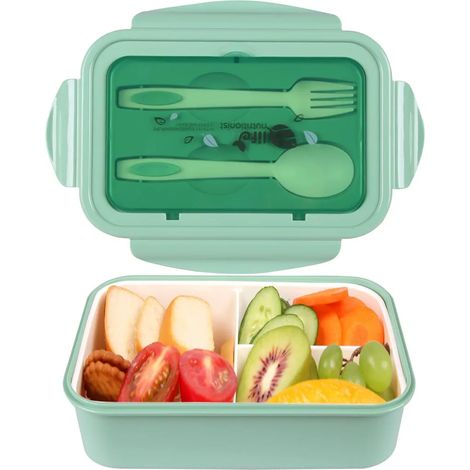 Caja de comida para niños y adultos, 3 compartimentos con cubiertos, caja de comida portátil aislada, conjunto de contenedores de preparación de comidas a prueba de fugas (1/4)
