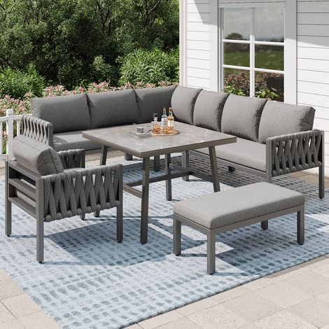 REDOM Ensemble de mobilier de jardin, canapé d'angle, structure en fer galvanisé, plateau en verre trempé, avec coussins d'assise et de dossier, gris