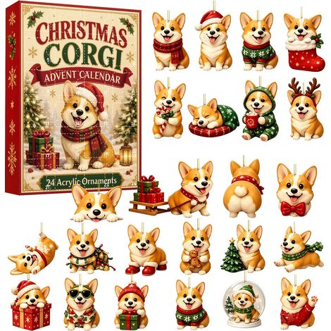 Weihnachts-Adventskalender 2026 mit Corgi-Motiv – 24 flache, zweidimensionale Acryl-Hängeornamente – niedliche Corgi-Weihnachtsbaumdekoration und einzigartiges Weihnachtsgeschenk für Hundeliebhaber (1/5)