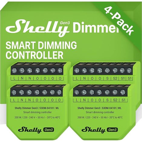 Shelly Dimmer Gen3, confezione da 4 dimmer Wi-Fi intelligenti, automazione domestica, luci dimmerabili, strisce LED, senza conduttori neutri, pianificazioni intelligenti, iOS
