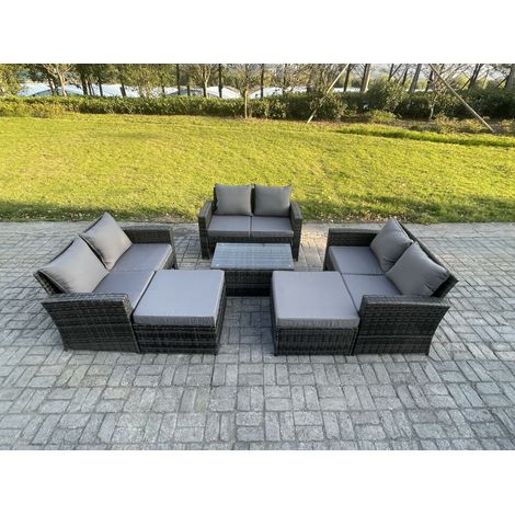 Fimous Ensemble de meubles de jardin en rotin 8 Places Lounge Set ave Table basse rectangulaire 2 Grand Tabouret Gris foncé (1/5)