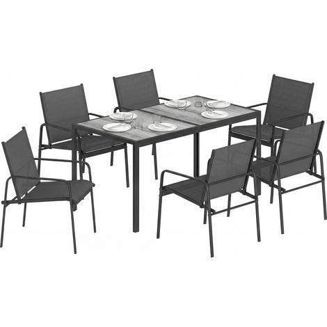 Outsunny – Ensemble table et chaise de jardin 7 pièces – 6 places – table rectangulaire effet bois – acier galvanisé – chaises en maille respirante – noir