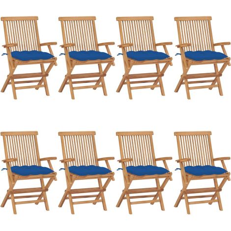 Chaises de jardin avec coussins bleu 8 pcs Bois de teck massif 2 (1/5)