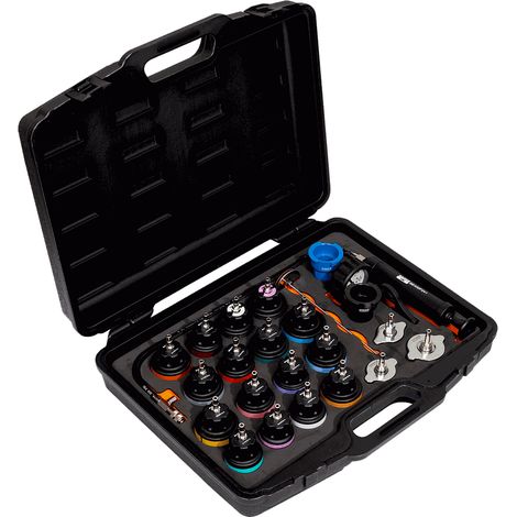 Bahco – Coffret testeur de pression liquide refroidissement – 16 adaptateurs ABS – Manomètre 0-2,5 bars – Thermomètre 0-200°C – Universel pour moteurs (1/3)