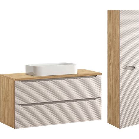Conjunto de muebles con lavabo individual 120cm 2 cajones y columna Elora Beige y madera (1/4)