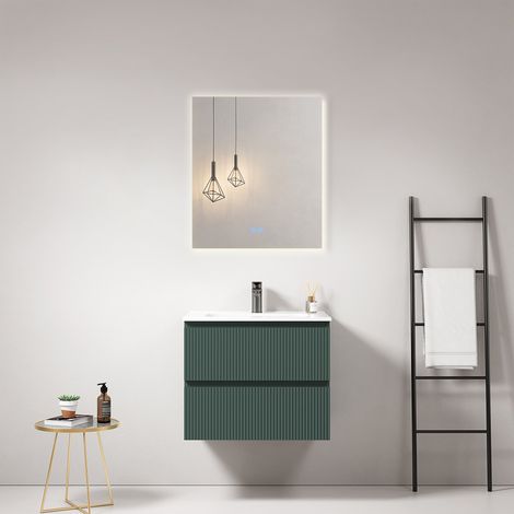 Mobile bagno sospeso cannettato 60 cm Verde Comodoro Lavabo in Ceramica Specchio Quadro Retroilluminato - Fiji Paint