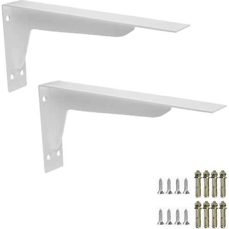 Lot de 2 équerres d'étagère à angle droit (90°), en métal robuste, pour console ou mur, de forme triangulaire, 340 x 145 mm, blanches. (1/5)