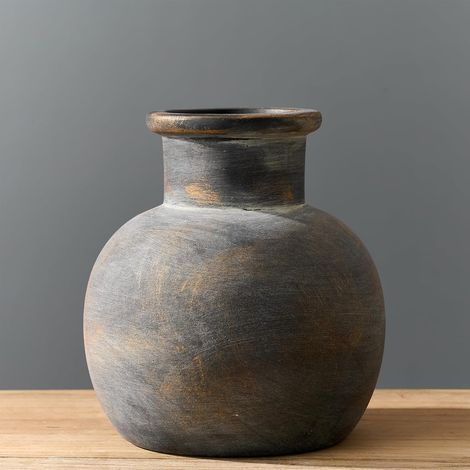 Jarrón de cerámica antiguo, 15,2 cm, terracota bohemia, acabado bronce, decoración rústica para interiores. (1/5)