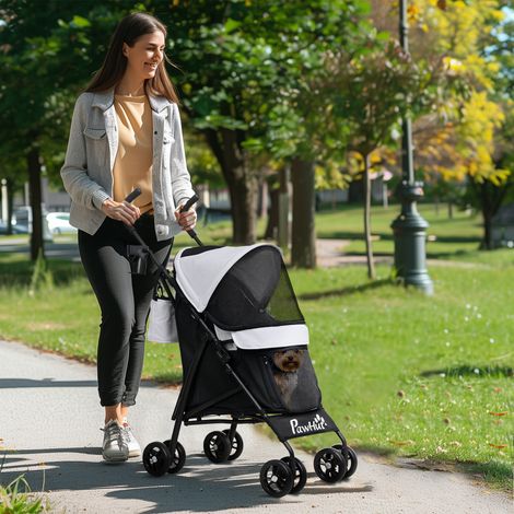 Poussette chien 4 roues, structure parapluie légère pliable, sac rangement, charge 4 kg, gris clair