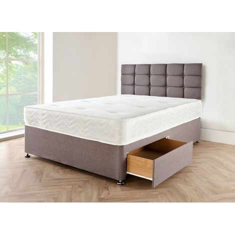 Grey LINEN Look Fabric Divan Bed Base with Headboard 4FT6 DOUBLE Bed Frame with 20 Inches High CUBE Headboard With Mattress 10 and 2 Storage Drawers (4FT6 DOUBLE)