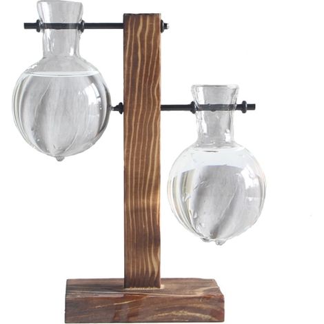 Vase Hydroponique - Planteur En Verre Avec Support En Bois - Pour Boutures Et Plantes Aquatiques - Dimensions 19,5 X 11,5 X 7 cm - 1 Pièce (1/5)