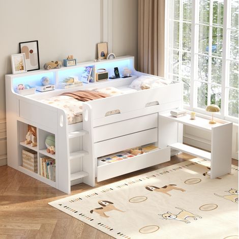 Lit mezzanine bas 90x200 cm avec 3 tiroirs et bureau mobile, blanc (1/5)