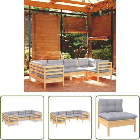 Salon de jardin 6 pcs,Mobilier de terrasse,Table et Chaise pour Relax avec coussins gris bois de pin -YZ194969 (1/5)