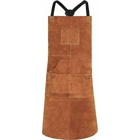 Tablier de Soudure, Tablier de Travail en Cuir de Vachette avec 6 Poches, 24x 36 Tablier de Cuisine Multifonctionnel, Brets Réglables de M à XXL pour Hommes et Femmes (Marron) (1/5)