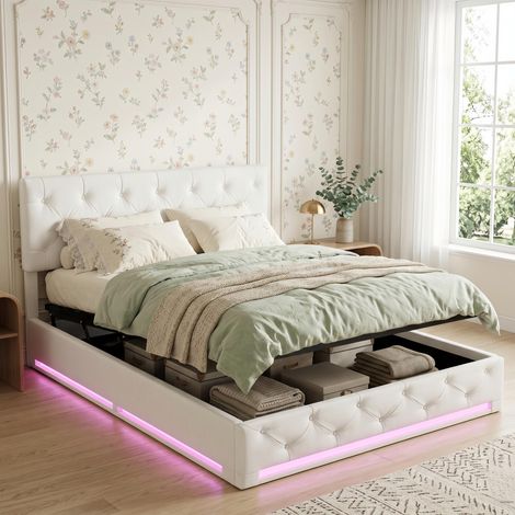 Lit coffre double 140x190 cm Tissu lin, lit double capitonné avce sommier à lattes - avec éclairage LED, espace de rangement - Scandinave - Blanc