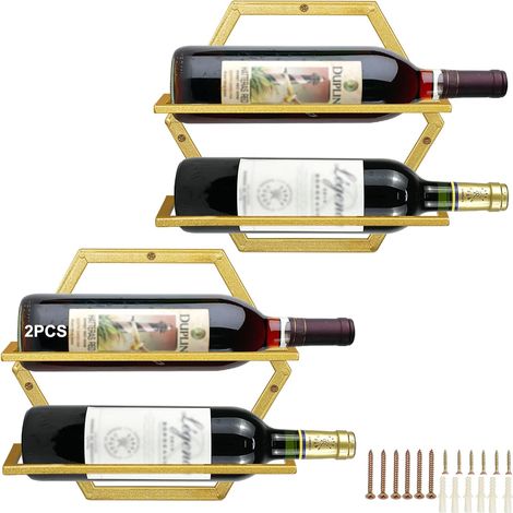 Casier à vin mural métal 2 bouteilles avec porte-verres or