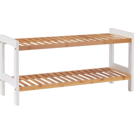Étagère à Chaussures en Bambou et MDF, Cadre laqué Blanc, 2 étagères en Bambou Naturel - Dimensions : L 70 x H 34 x P 26 cm, Style : Scandinave (1/5)